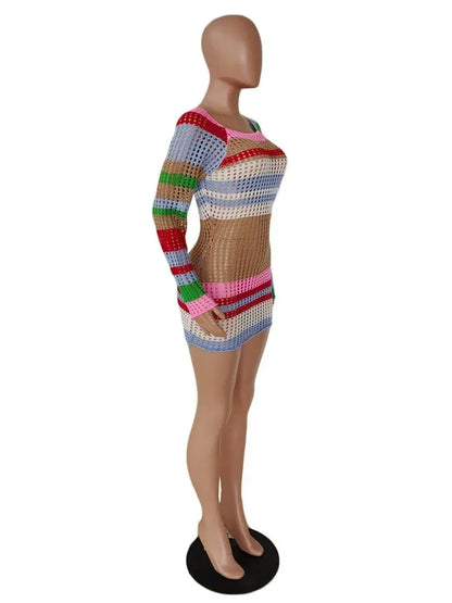 Rainbow Colour Off The Shoulder Mesh Striped Mini Dress.