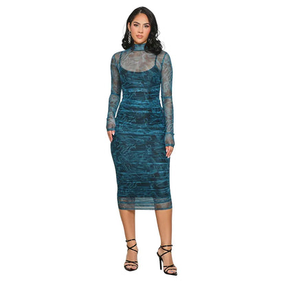 Printed Round Neck Long Sleeve Slim Fit Party Dress.