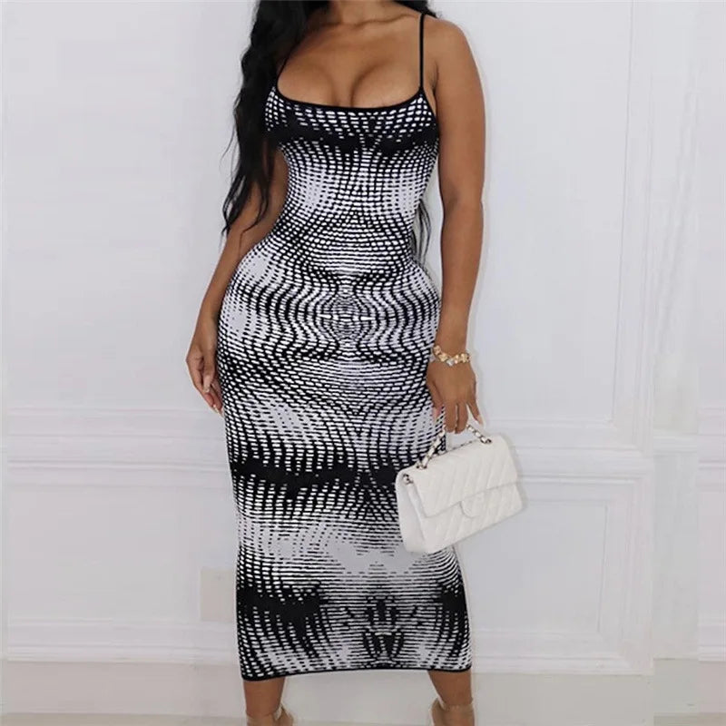 Printing Fashion Sling Backless Dress.