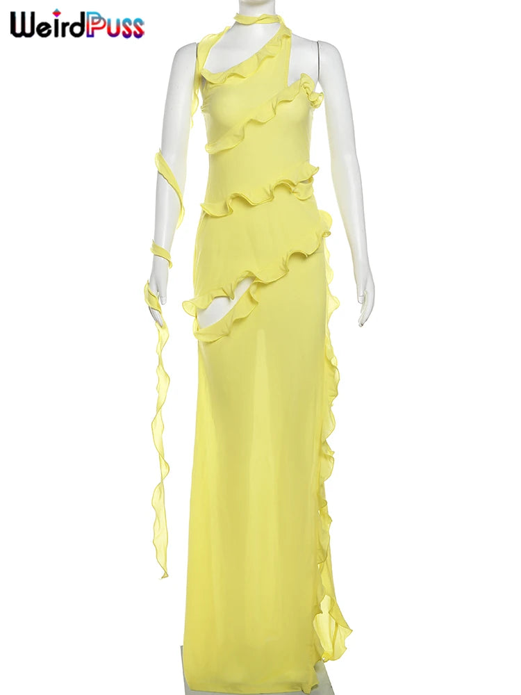 See Through Sleeveless Ribbon Hollow Ruffles Dress.