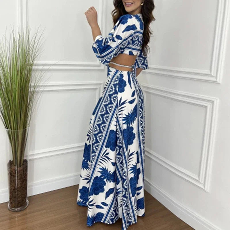 V-Neck Half Collar Bohemian Maxi Dress.