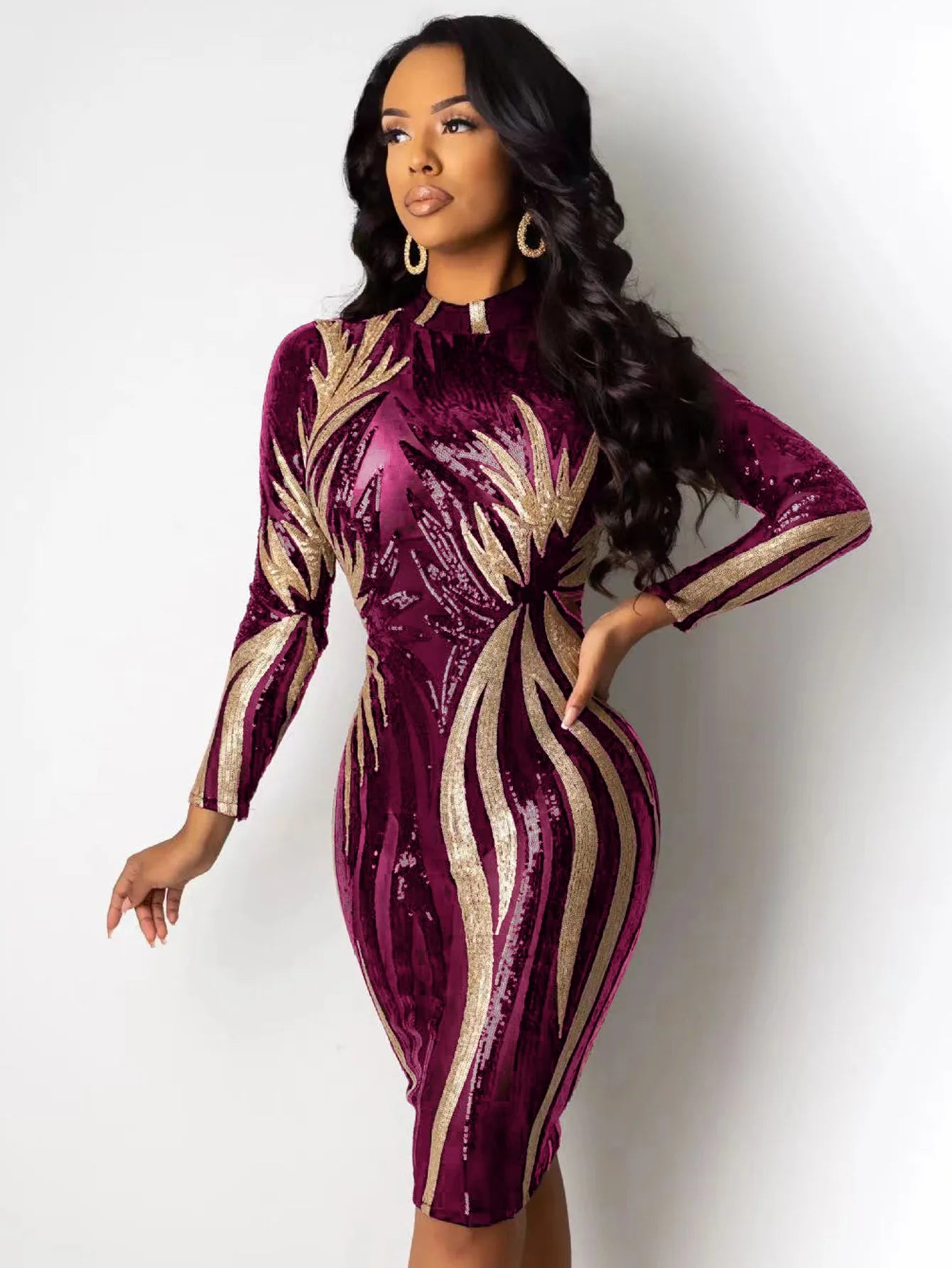 Printed Sequin Mesh Long Sleeve Wrap Hip Mini Evening Dress.