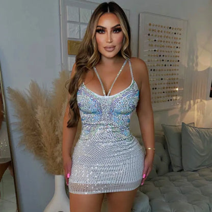 Rhinestones Halter Neck Midi Mini Dress.