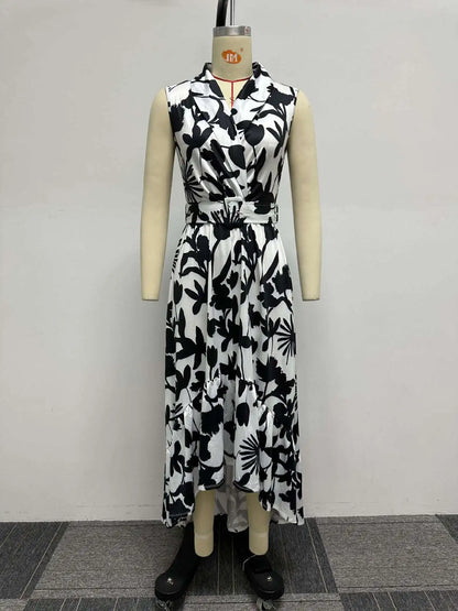 Slim Printed Sleeveless Ruffle Waist Swing Dress.