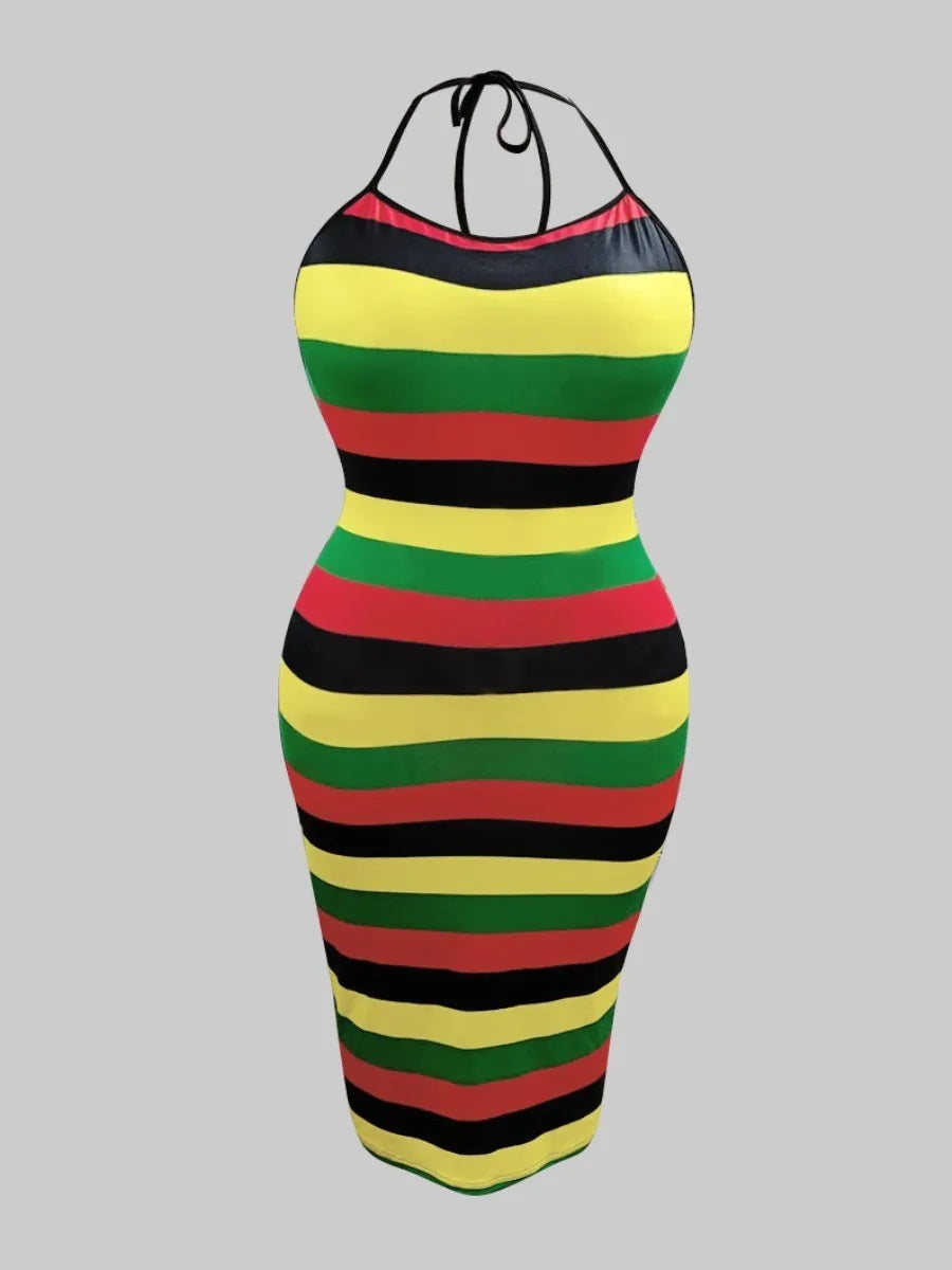 Plus Size Striped Backless Rainbow Dress.