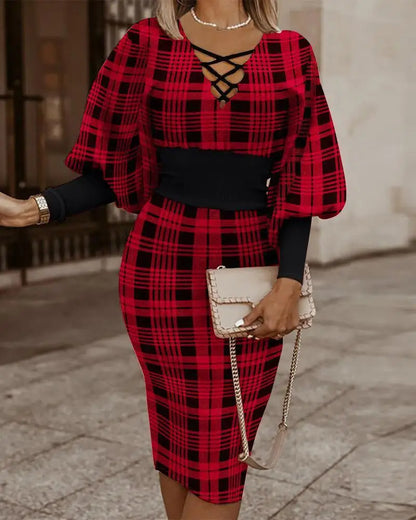 Long Sleeve V-Neck Plaid Pencil Dress