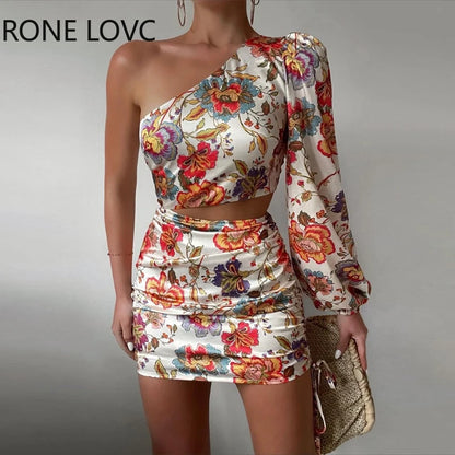 One Shoulder Long Puff Sleeves Crop Top Floral Dress.