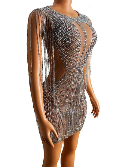 Women Sparkly Rhinestones Tassels Crystals Evening Dress.