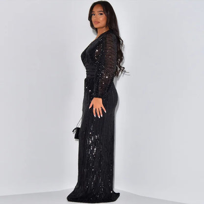 Waist Wrapped V-Neck Sequins Long Sleeve Long Dress.