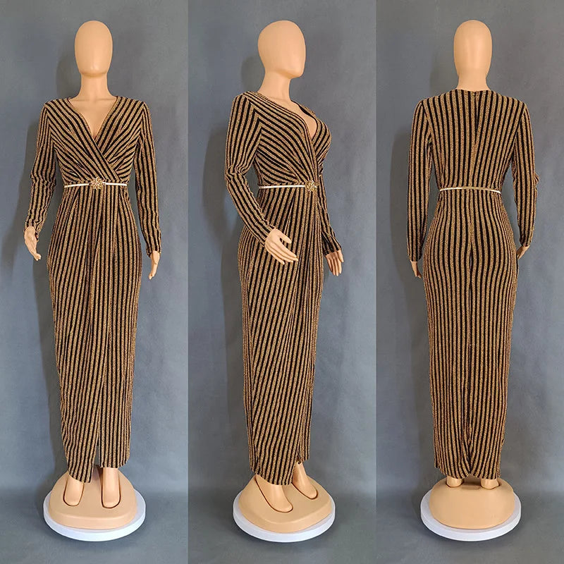 Gold and Silver Stripe Wrapped Hip Party Dress.