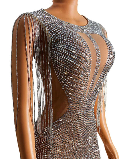 Women Sparkly Rhinestones Tassels Crystals Evening Dress.