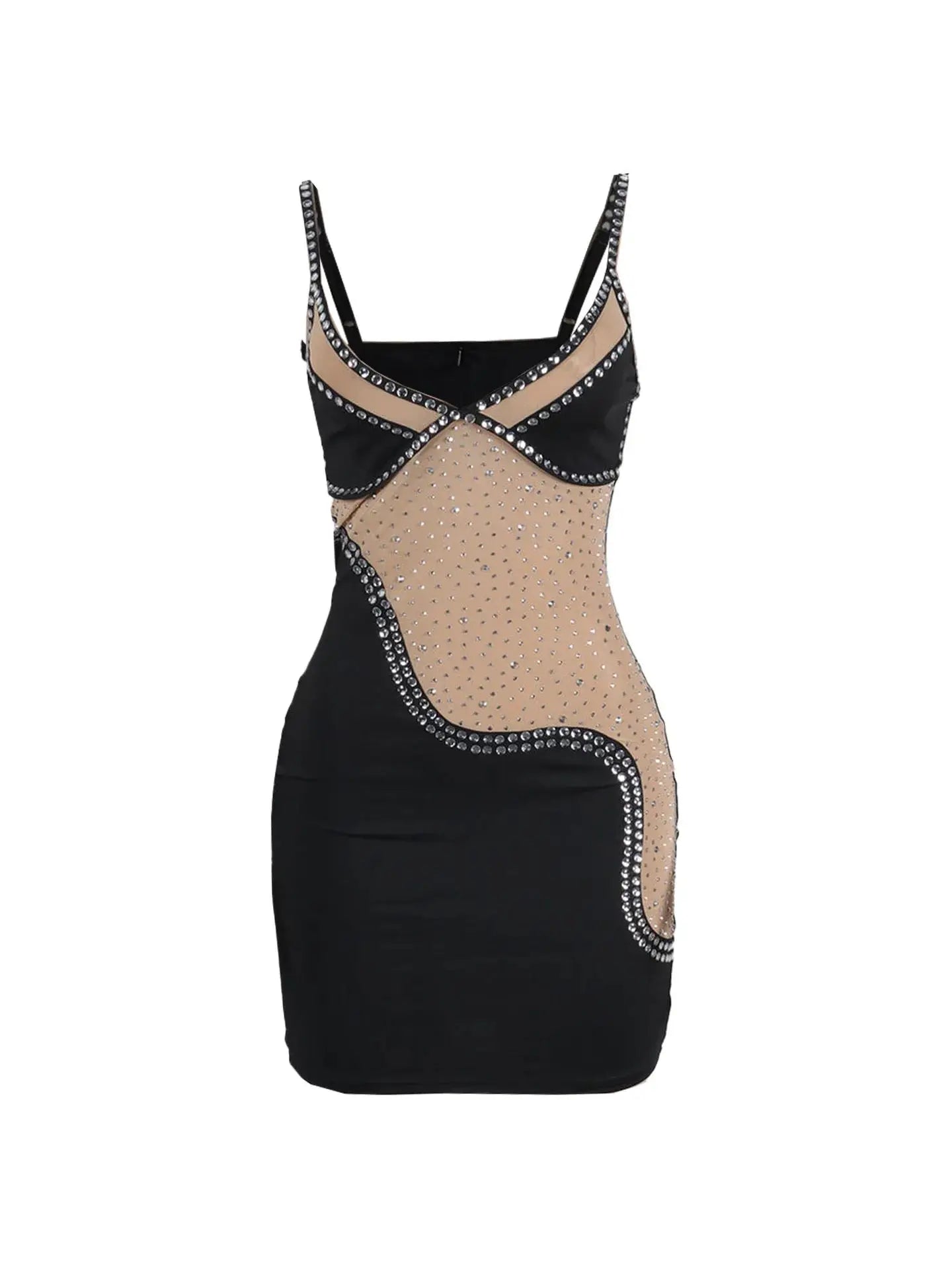 Rhinestone See Through Block Mini Spaghetti Strap Sheath Dress.