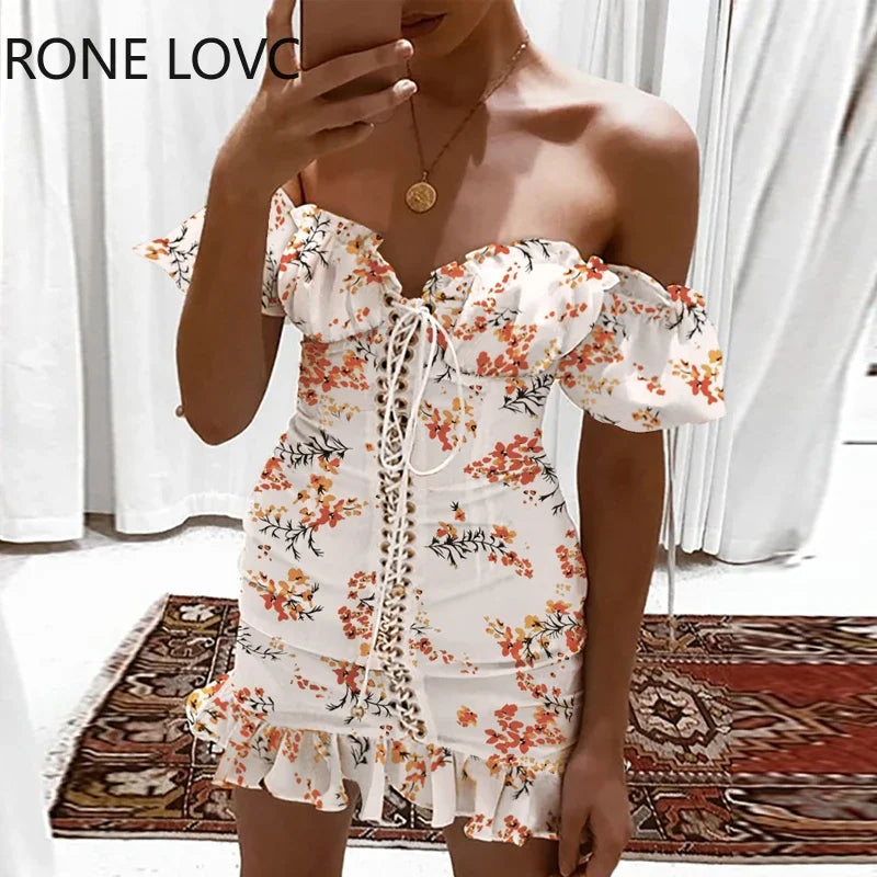 Strapless Floral Print Off Shoulder Mini Dress.