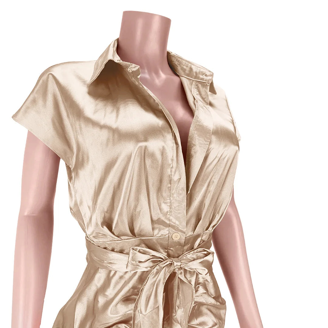 Reflective Silk Pleated Tie Up Shirt Dress.