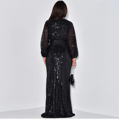 Waist Wrapped V-Neck Sequins Long Sleeve Long Dress.