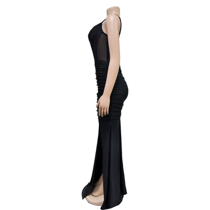 Mesh Split Sling Strap Evening Dress.