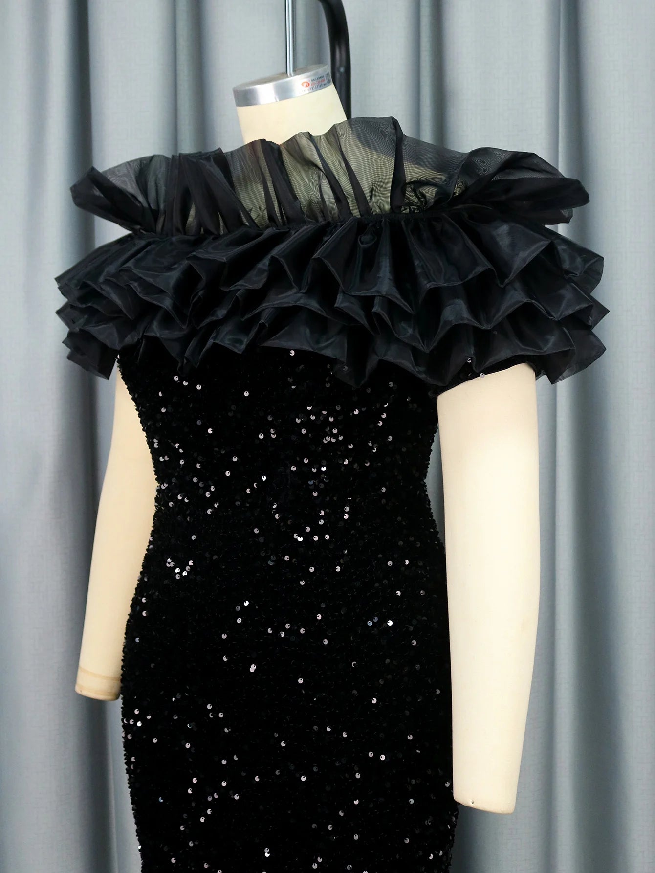 Women Classy Off Shoulder Black Sequin Dress.