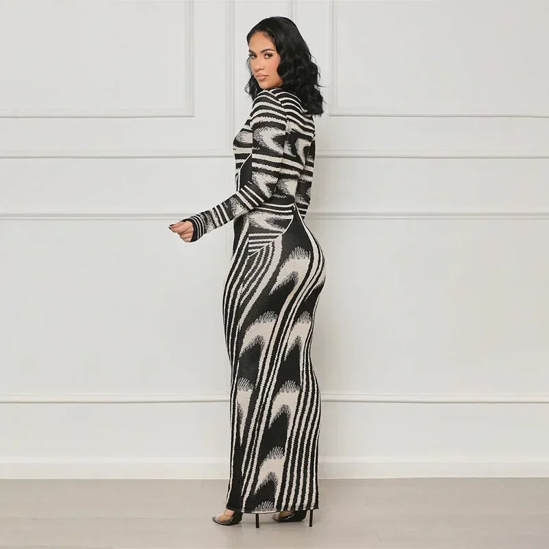 Stripe Print Women Casual Long Dress.