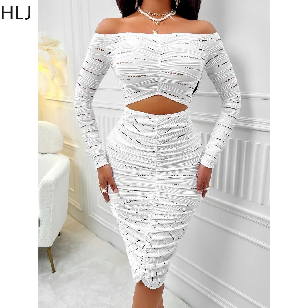 White Sexy Off Shoulder Hollow Out Knee Dress.