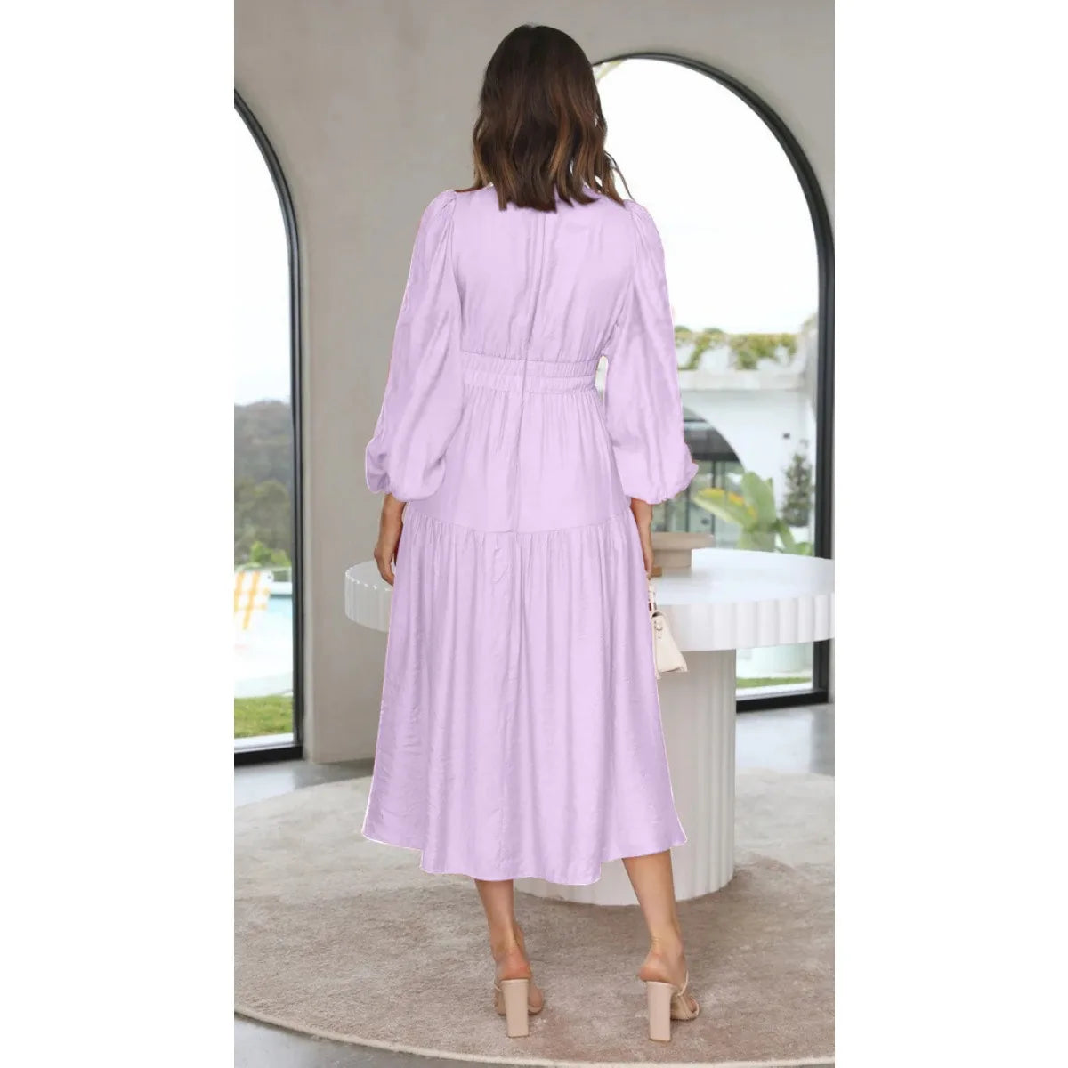 Slim Pleated V Neck Long Sleeve Dress.