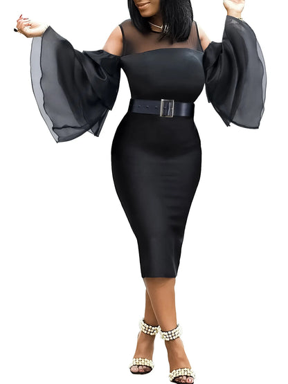 Mesh Spliced Belt Black Dress.