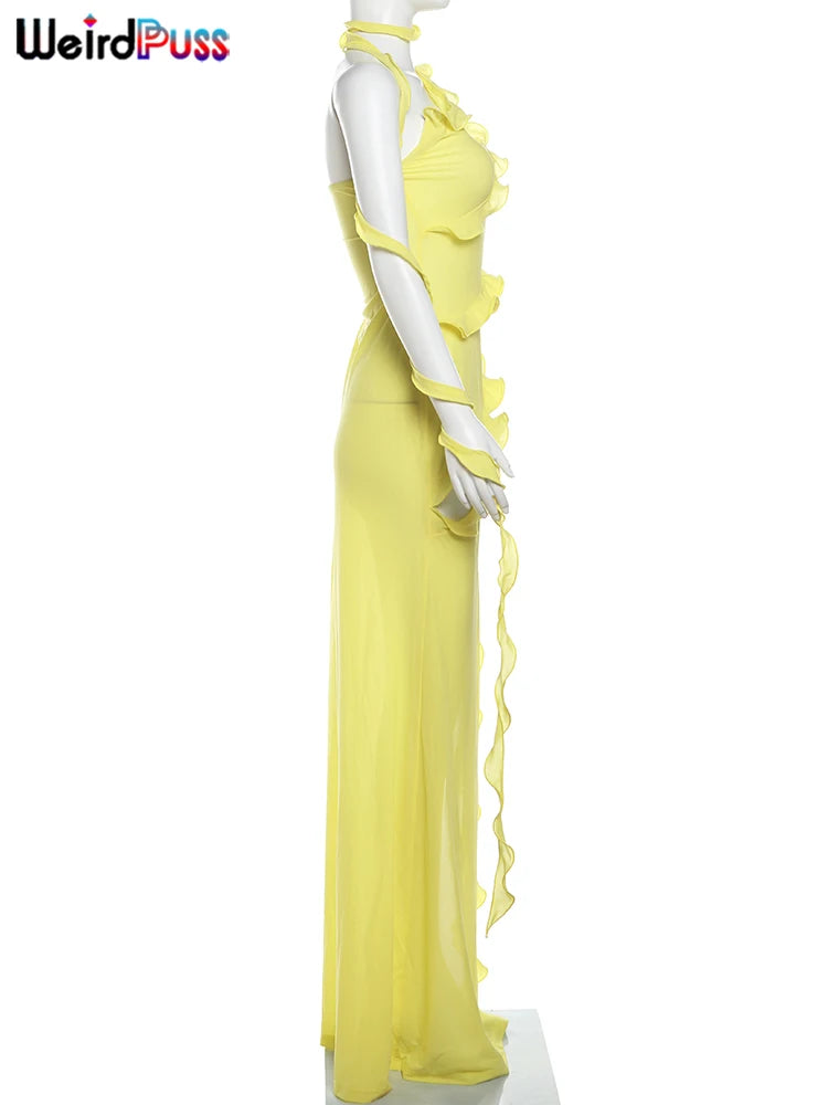 See Through Sleeveless Ribbon Hollow Ruffles Dress.