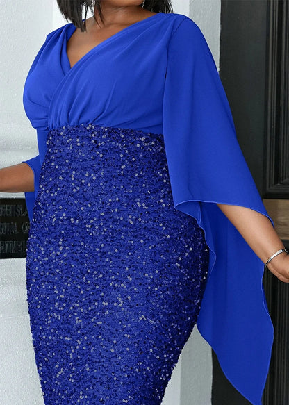 Plus Size Shiny Chiffon Midi V Neck Dress.