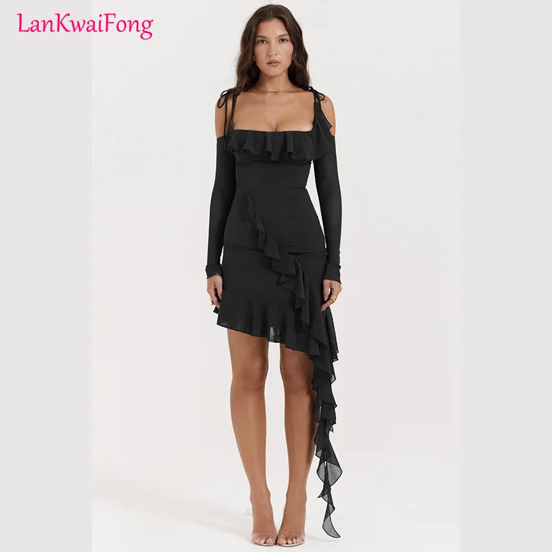 Wrap Hip Skirt French Wind Lotus Leaf Edge Dress.