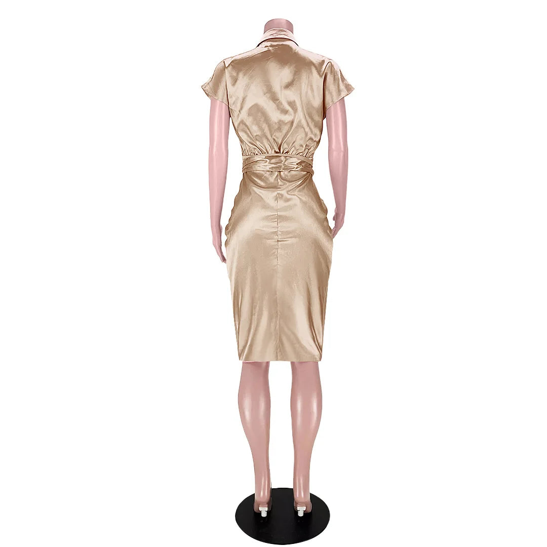 Reflective Silk Pleated Tie Up Shirt Dress.