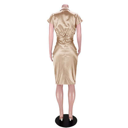 Reflective Silk Pleated Tie Up Shirt Dress.