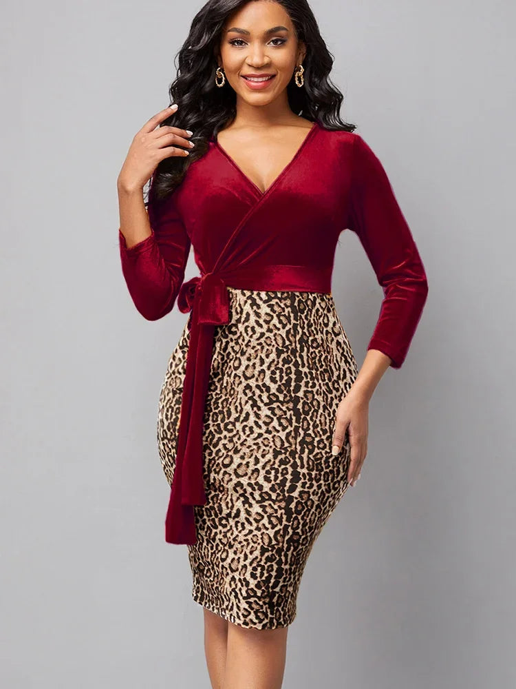 Sexy Leopard Print V-neck Long-sleeved Work Dress.