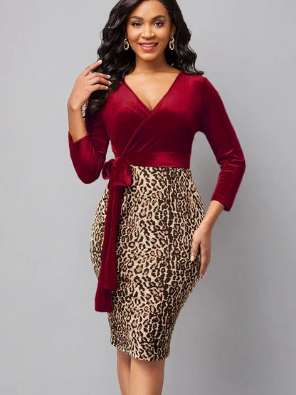 Sexy Leopard Print V-neck Long-sleeved Work Dress.