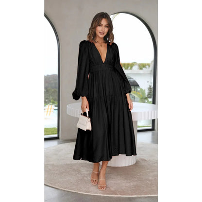 Slim Pleated V Neck Long Sleeve Dress.