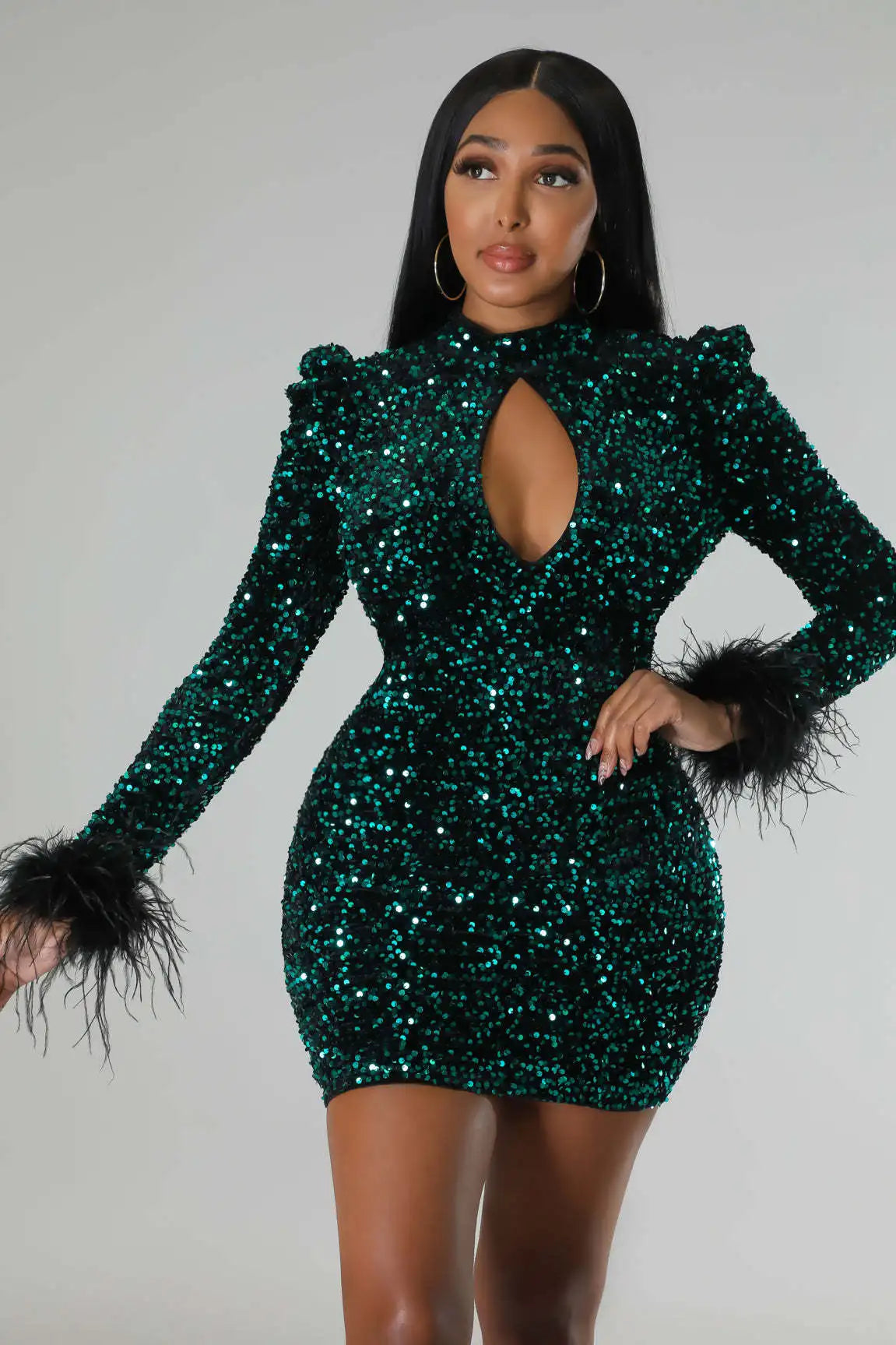 Sequins Lantern Sleeve Mini Dress.