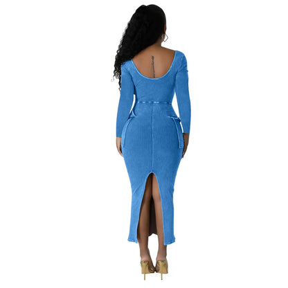 Long Sleeve Square Neck Slim Fit Split Dress.