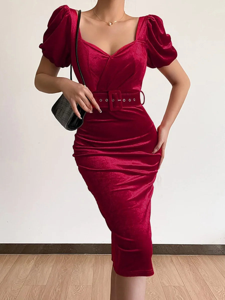 Velvet Puff Sleeve Belt Design midi Dress.