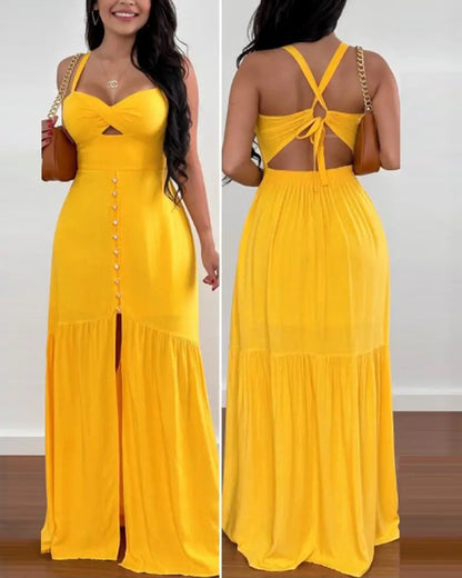 Hanging Strap Back Slim Fit Hollow Out Long Dress.