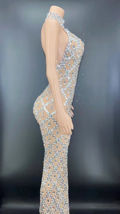 Silver Rhinestone Transparent Long Evening Dress.