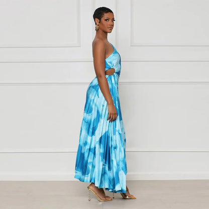 Oblique Single Shoulder Pleated Print Long Dress.