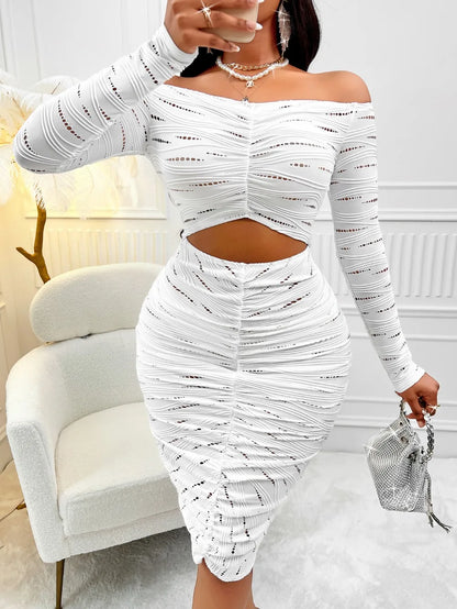 White Sexy Off Shoulder Hollow Out Knee Dress.