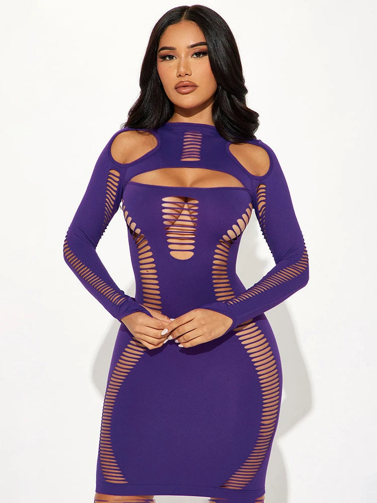 Sheer Sheath Full Sleeve Hollow Out Bare Shoulder Dress.