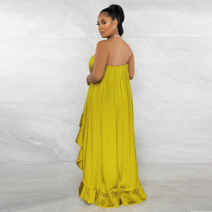 Satin Top Pressed Pleated Sleeveless Off Shoulder Evening Dress.