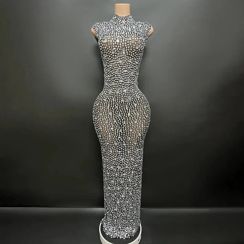 Missheko Silver / S Luxury Crystal Diamond Long Dress.
