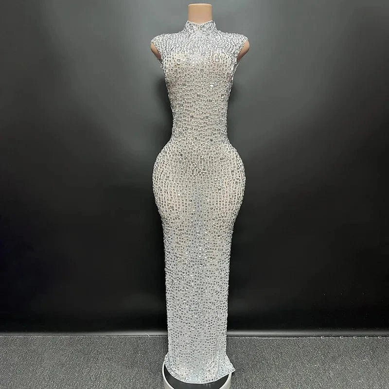 Missheko Ivory / L Luxury Crystal Diamond Long Dress.