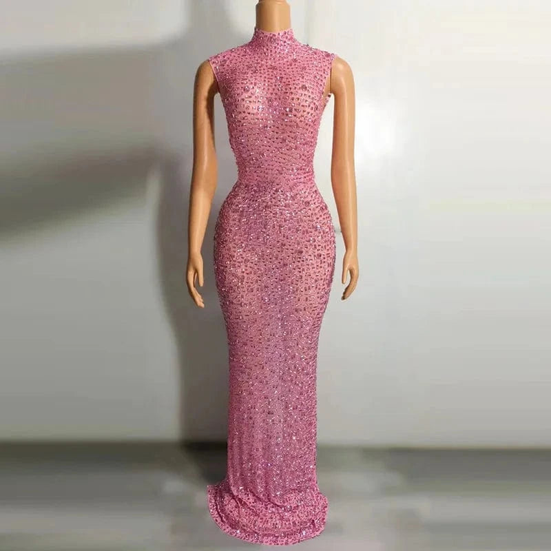 Missheko Pink / L Luxury Crystal Diamond Long Dress.