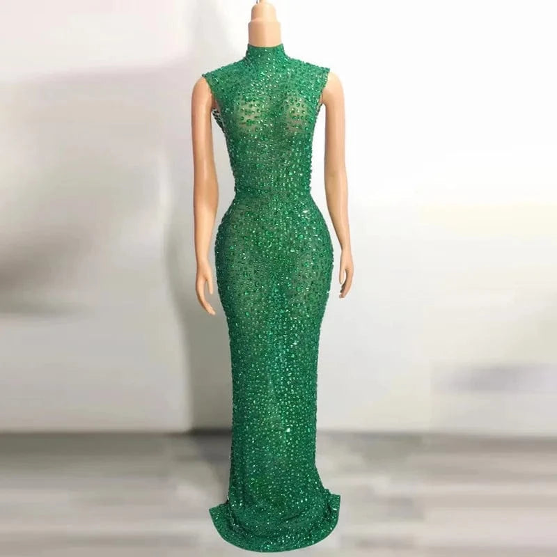 Missheko green / L Luxury Crystal Diamond Long Dress.