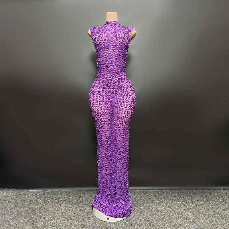 Missheko PURPLE / L Luxury Crystal Diamond Long Dress.
