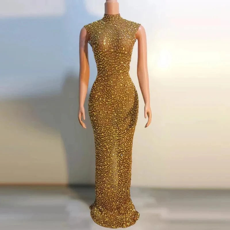 Missheko Gold / S Luxury Crystal Diamond Long Dress.