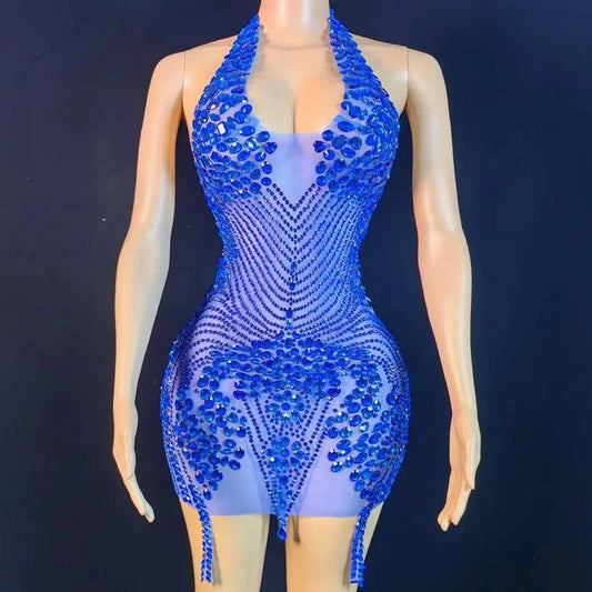 Missheko Blue / XL Luxury Pearls Rhinestone Beaded Dress.