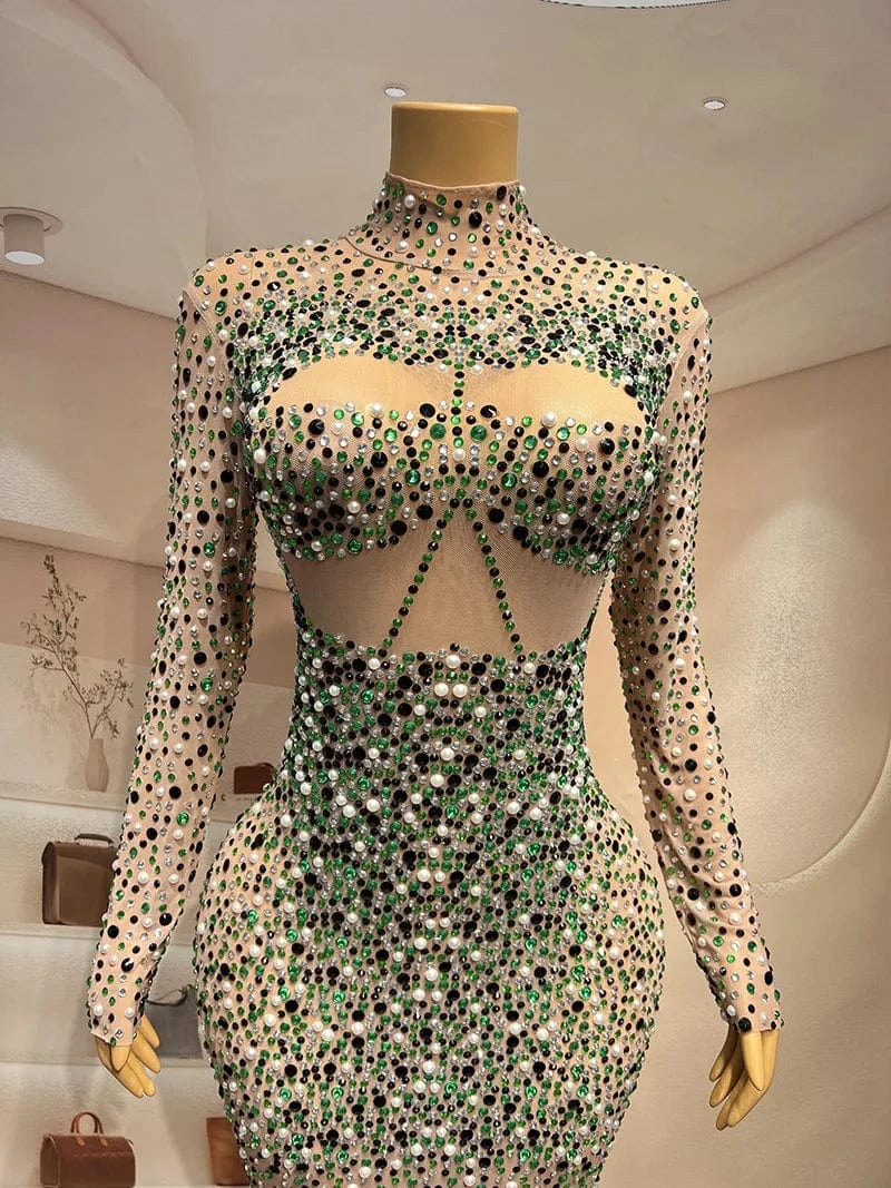 Missheko Rhinestones Mesh See Through Dress.